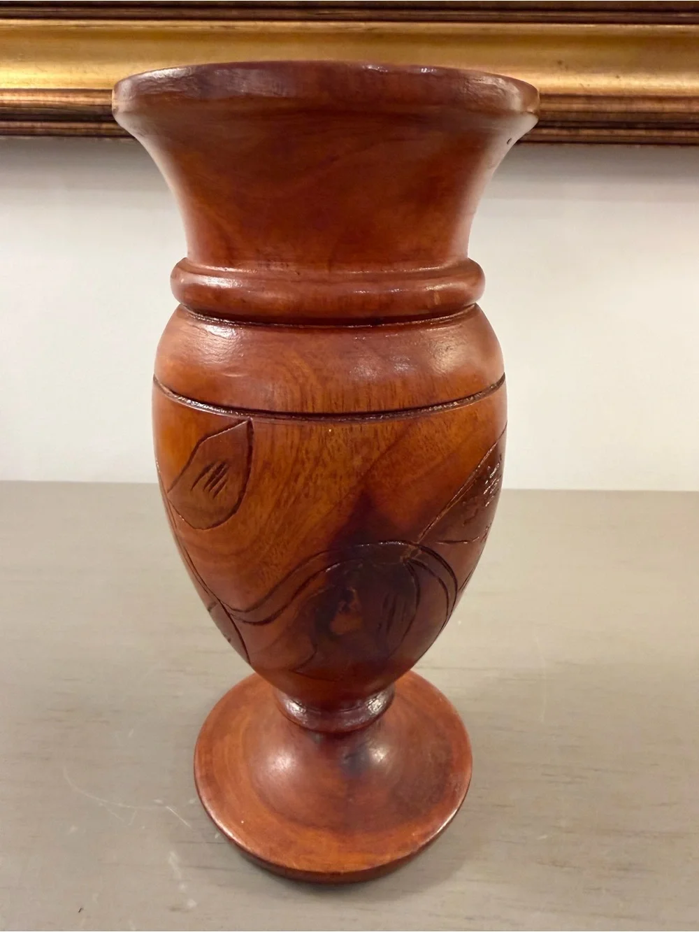 Hand Carved Wood Pedestal Vase Fish Fauna Floral Mid Century Haitian Bohemian